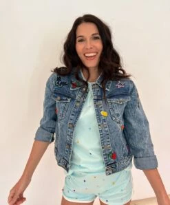 Women's Beaded Crystal Fruit Crop Denim Jacket